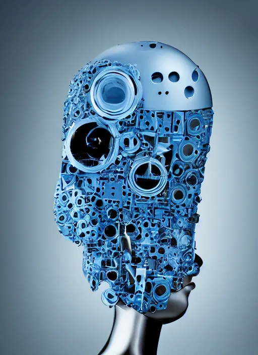 Image similar to a fashion portrait photograph of a robot head art directed by Alexander McQueen, blue color palette, 35mm, pentax, studio lighting