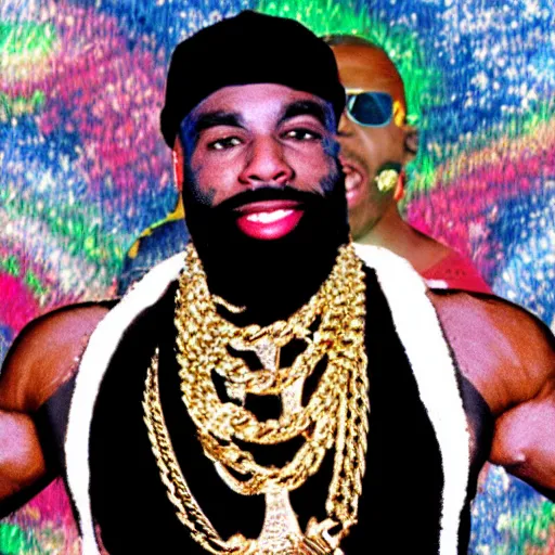 Image similar to a photograph of joe rogan as mr. t wearing many gold chains with a psychedelic dmt background