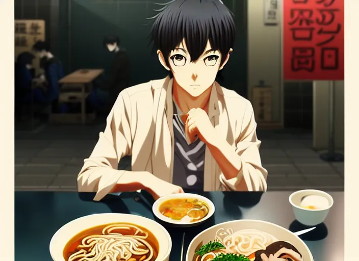 Image similar to anime visual, full body illustration a young man having lunch at a ramen stall at midnight, handsome face by ilya kuvshinov, yoshinari yoh, makoto shinkai, katsura masakazu, dynamic perspective pose, detailed facial features, kyoani, rounded eyes, crisp and sharp, cel shad, anime poster, ambient light,