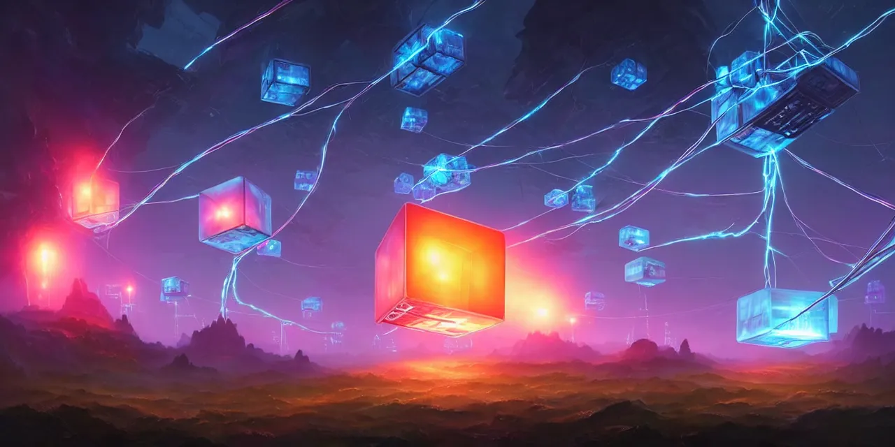 Prompt: a fleet of giant glowing futuristic cubes tied to each other with lots of glowing wires in the sky, thick glowing wires, light rays bouncing between cubes, a fantasy magical landscape seen in the distance, atmospheric lighting, intricate, volumetric lighting, beautiful, sharp focus, ultra detailed, in the art style of marc simonetti, bowater charlie and brom gerald, astrophotography