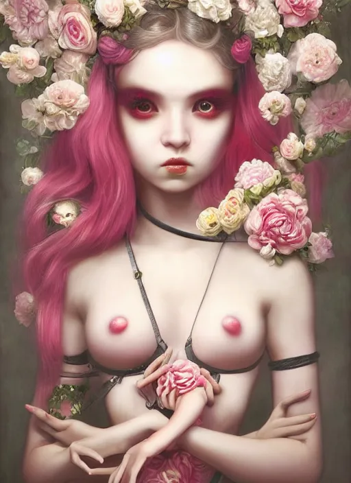 Image similar to pop surrealism, lowbrow art, realistic seductive cute woman painting, pink body harness, long hair, japanese shibari with flowers, hyper realism, muted colours, rococo, natalie shau, loreta lux, tom bagshaw, mark ryden, trevor brown style,
