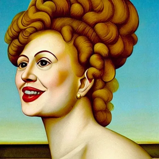 Image similar to very detailed and colorful portrait of bernadette peters smiling, painted by giorgio de chirico