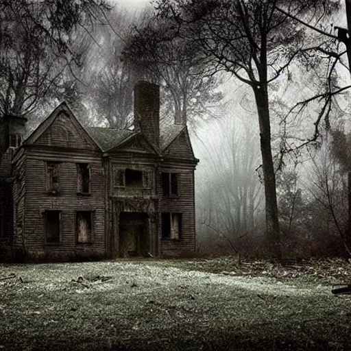 Image similar to abandoned mansion in the woods, dark, moody, gloomy, by Gregory Crewdson and James Gurney