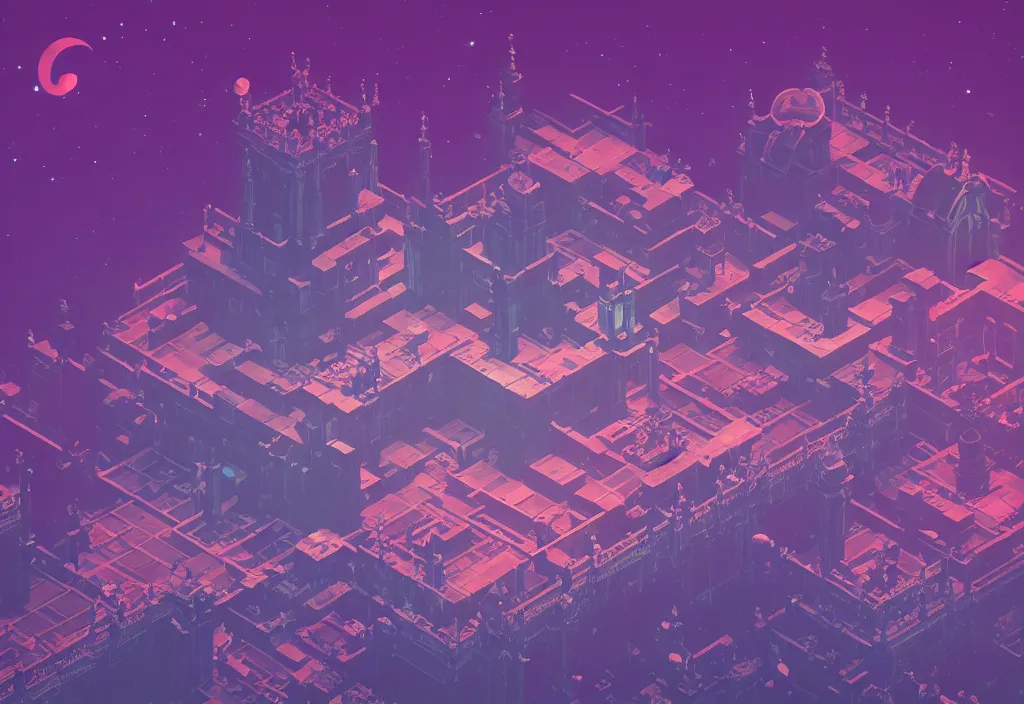 Image similar to isometric pixel art bloodborne no mans sky, vaporwave, cinematic lighting, 4 k