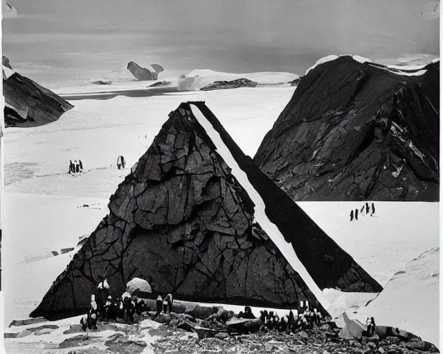 Prompt: “A black and white vintage photograph of Shackleton discovering the Black Pyramid of Antarctica”