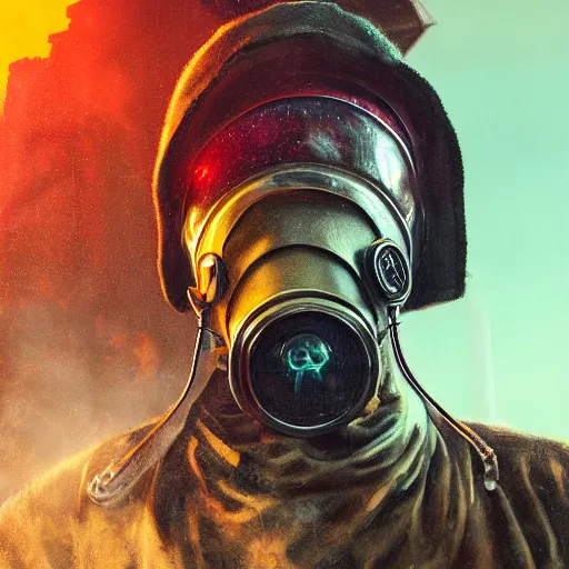 Image similar to Close up of a guy in a Gasmask, Cyberpunk city, street vendors, citizens, augmented cyborgs, robots, skyscapers, buildings, clouds, sunset, painted by seb mckinnon, high detail, digital art, trending on artstation