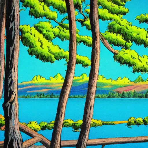 Prompt: high detail sharp anime gouache background , forest with lake