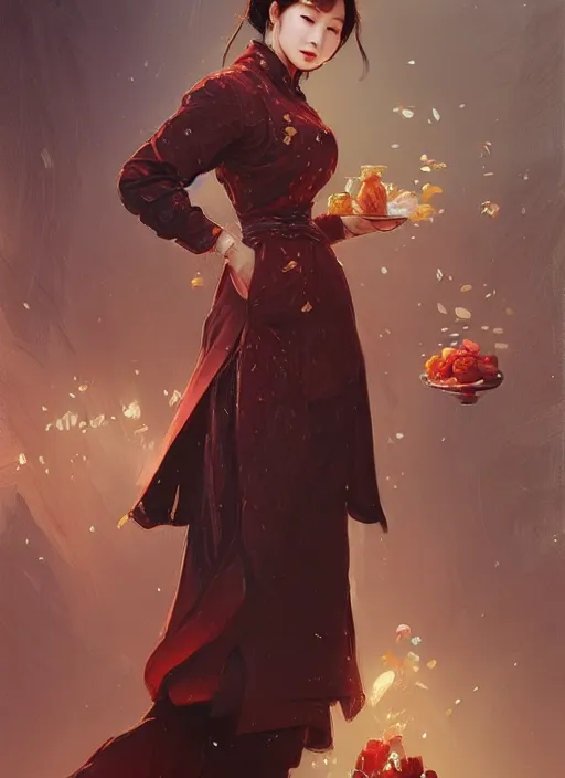 Image similar to beautiful grocery chinese woman in coat ， winer ， wenjun lin intricate, elegant, highly detailed, digital painting, artstation, concept art, matte, sharp focus, illustration, hearthstone, art by artgerm and greg rutkowski and alphonse mucha