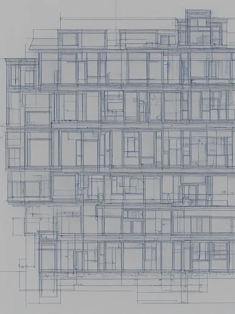 Prompt: Architecture blueprint copy, an impossible building. Vertical cut. Technical drawing