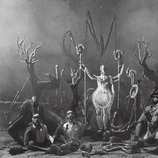 Image similar to historic photo, epic image of a Lovecraft circus with otherworldly beasts