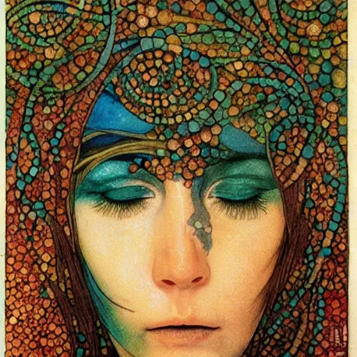 Image similar to A beautiful body art a large eye that is looking directly at the viewer. The eye is composed of a myriad of colors and patterns, and it is surrounded by smaller eyes. The smaller eyes appear to be in a state of hypnosis, and they are looking in different directions. Still Life by Carlos Schwabe lines