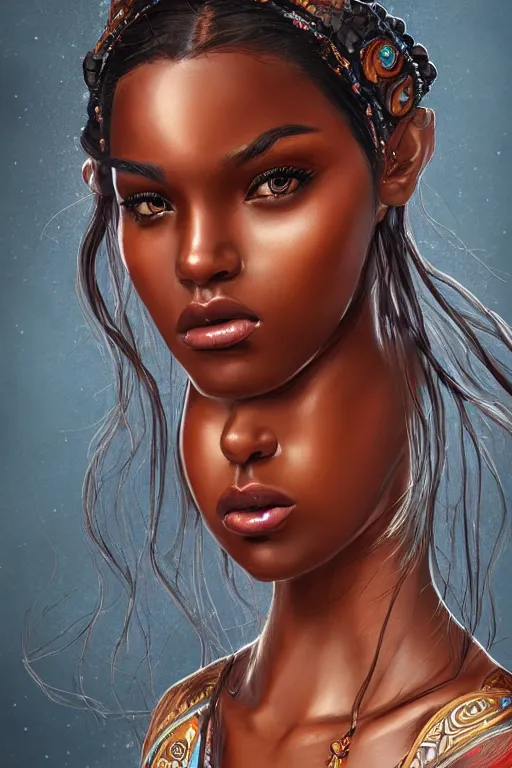 Image similar to A bust of a beautiful black skinned Australian indigenous girl with large lips and smooth eyebrows and straight hair, HD, illustration, epic, fantasy, intricate, elegant, amazing detail, digital painting, artstation, concept art, smooth, sharp focus, illustration, art by Turine Tran