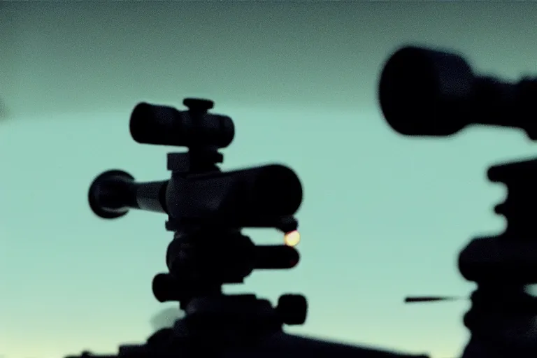 Prompt: film still of closeup futuristic sniper rifle sticking out window, cinematic, moody, gritty neon noir by emmanuel lubezki