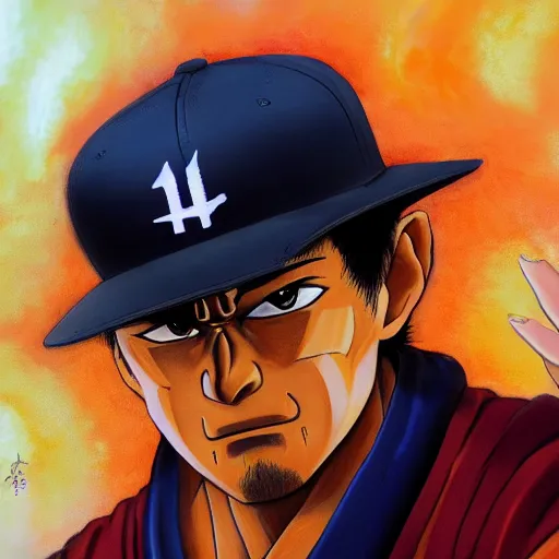Image similar to an oil painting of a igoku wearing a hip - hop rap hat drawn by frank frazetta, hd, hdr, ue 5, ue 6, unreal engine 5, 3 d, cinematic 4 k wallpaper, 8 k, ultra detailed, high resolution, artstation, award - winning pencil drawing