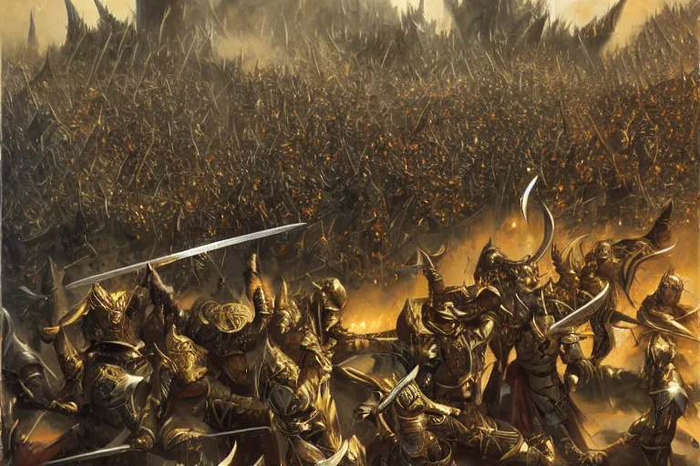 Image similar to high elf hero in gold armor with glorious sword facing hordes of orcs in an epic battle by John Howe