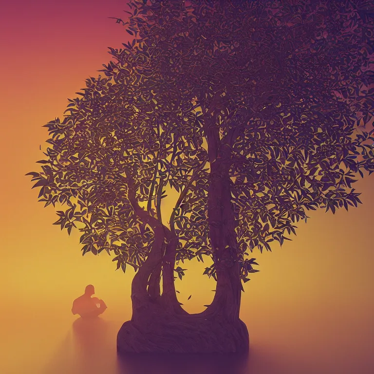 Prompt: The Bodhi Tree at Sunset, beautiful art with volumetric lighting, by Jonathan Zawada, Alphonse Mucha, beeple, Pi-Slices and Kidmograph