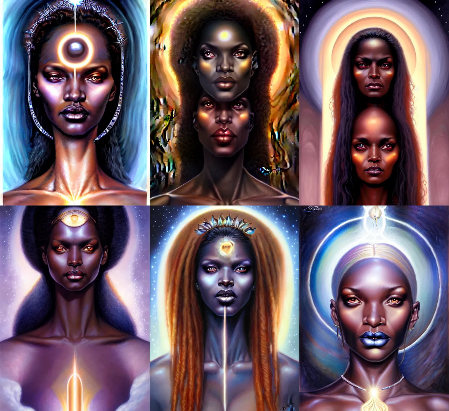 Prompt: stunning goddess of light portrait, clear eyes and dark skin. realistic, symmetrical face. art by bowater charlie, mark brooks, julie bell, arian mark, tony sandoval