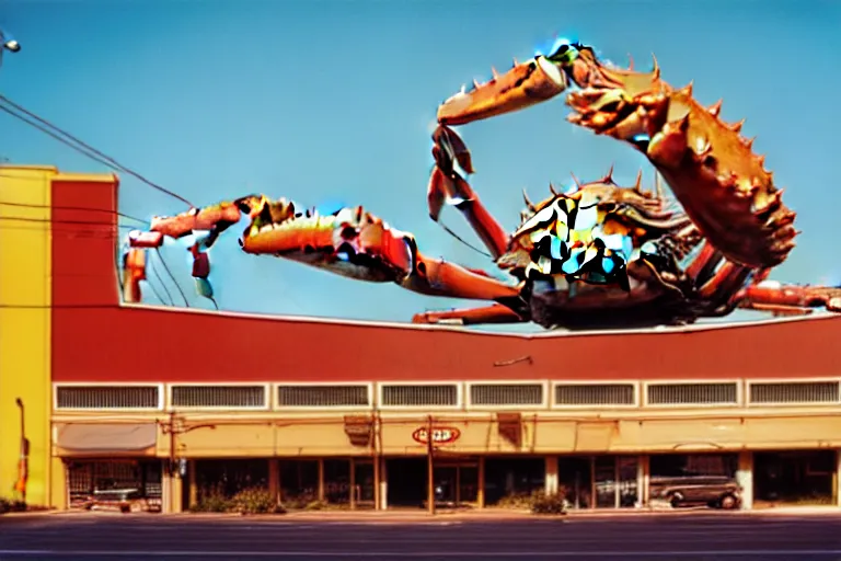 Image similar to 2 0 1 5 giant crab terrorizing a city, googie architecture, americana, fishcore, exterior photography, hd 8 k, photography cinestill