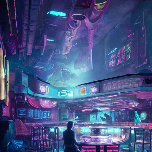 Prompt: an alien drinking inside a club in a cyberpunk city | 5 0 mm | highly detailed | very intricate | cinematic lighting | by asher brown durand and eddie mendoza | featured on artstation