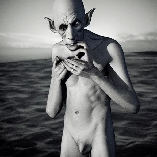 Image similar to portrait nosferatu applying sunscreen on his body on the beach, realistic detailed photography
