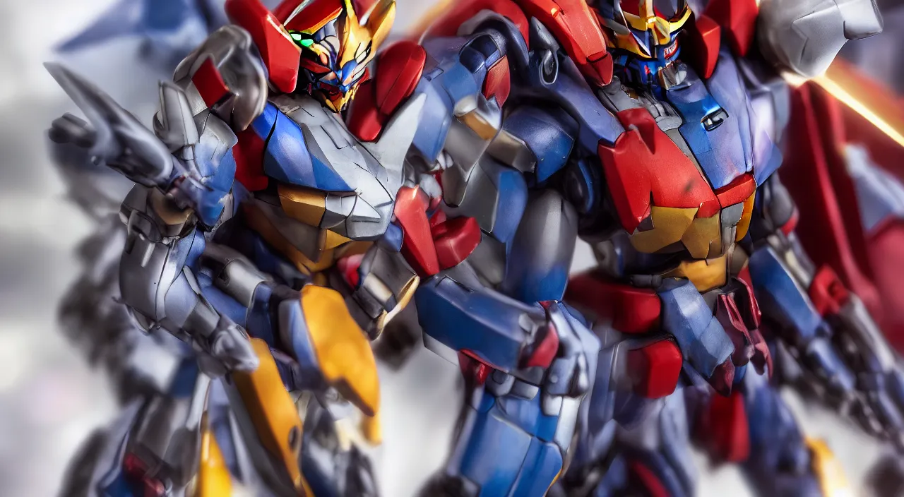 Image similar to medium close up view, Gundam,Guyver,colourful,bokeh,blur,cinematic lighting