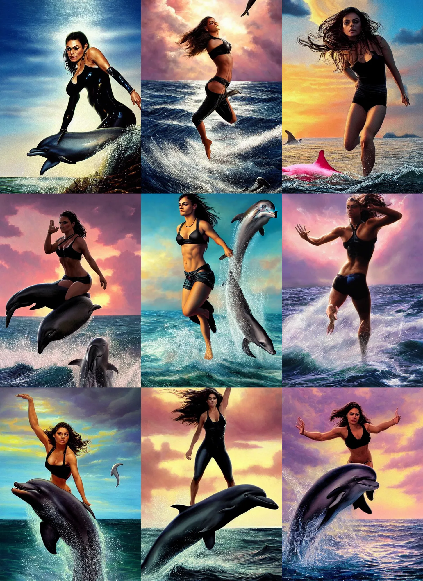 Image similar to epic portrait of six-pack muscled Mila Kunis wearing black choker riding a dolphin jumping from the water, sun rays across sky, pink golden hour, stormy coast, intricate, highly detailed, shallow depth of field, tentacles in the distance, epic vista, Ralph Horsley, Daniel F. Gerhartz, Artgerm, Boris Villajo, Lilia Alvarado