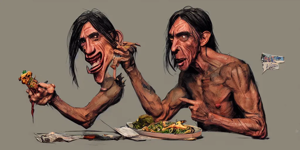 Image similar to cartoonish iggy pop eating dinner, vivid colors, character sheet, fine details, concept design, contrast, kim jung gi, greg rutkowski, trending on artstation, 8 k, full body, turnaround, front view, back view, ultra wide angle