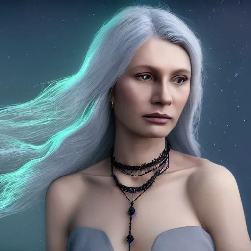 Image similar to **a beautiful woman with gray hair wearing a necklace and rings , 8K resolution, astral, aurora, hyperdetailed, serene, Mystic, trending on Artstation, Unreal Engine, digital art, soft focus, wide-angle lens**