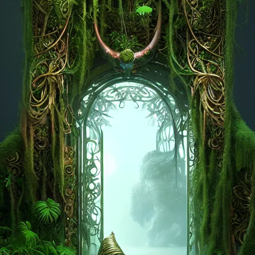 Image similar to doorway to a creature in a lush trunda vegetation, snow snow :: by Michal Karcz, Daniel Merriam, Victo Ngai and Guillermo del toro :: ornate, dynamic, particulate, intricate, elegant, highly detailed, centered, artstation, smooth, sharp focus, octane render, 3d