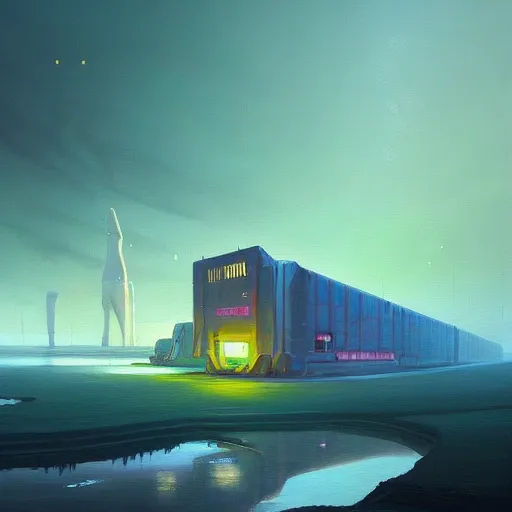 Prompt: beautiful painting of a dreamy iceberg industrial complex in the style of Simon Stålenhag and H. R. Giger, detailed, trending on Artstation