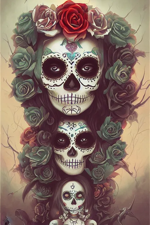 Image similar to Illustration of a sugar skull day of the dead girl, art by peter mohrbacher