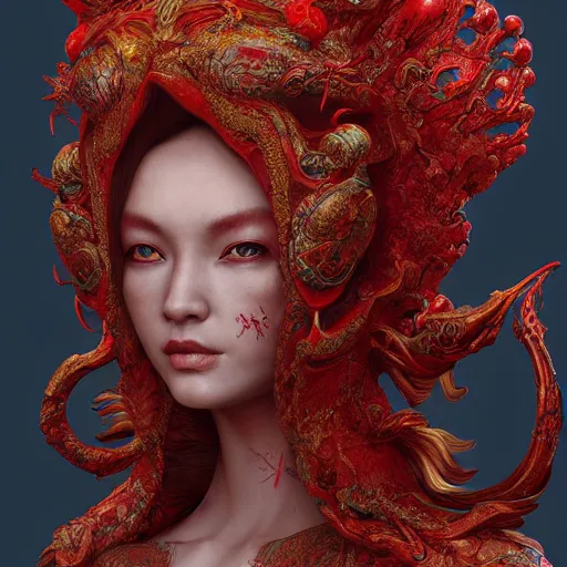 Image similar to The red alien lady, intricated traditional Chinese textures, rococo decorations, hyper detail, Unreal engine,Octane render, by Karol Bak