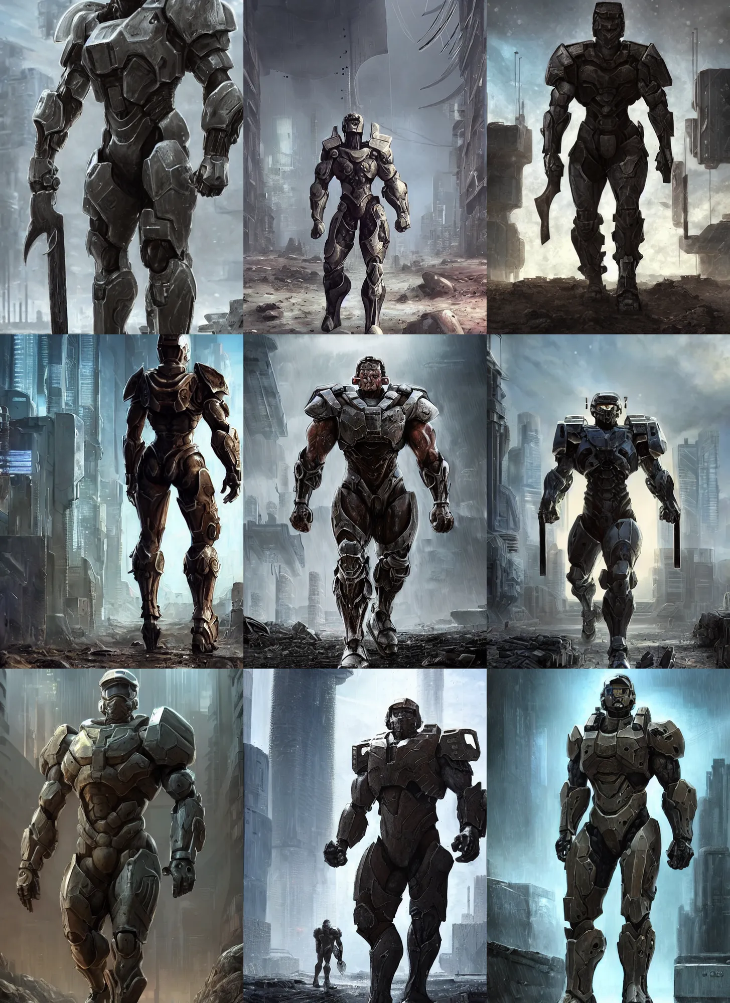 Prompt: a big muscular body builder warrior in full armor walking across a cyberpunk wasteland without a helmet!!!, mjolnir mark 6 armor from halo infinite, attractive female face, symmetrical face details, ultra realistic, very highly detailed, 8K, octane, Digital painting, concept art, illustration, rule of thirds, sharp focus, facing camera, centered, good value control, realistic shading