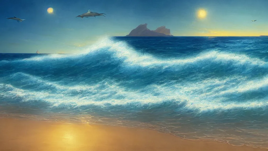 Image similar to first person view of breaking waves on the shore, summer, clear beautiful sky, bright sky, dolphins dolphin swimming, peaceful, amazing, by andreas rocha and john howe, and Martin Johnson Heade, featured on artstation, featured on behance, golden ratio, ultrawide angle, f32, well composed