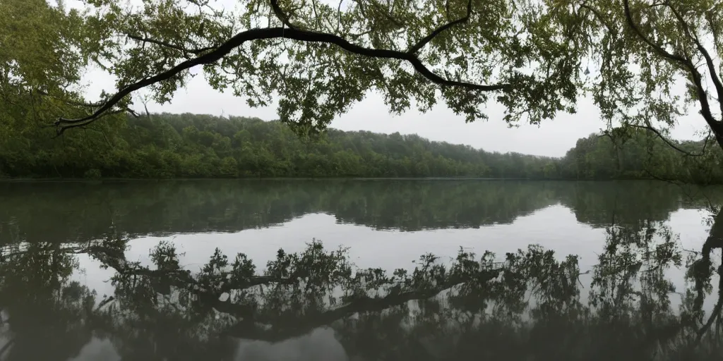 Image similar to symmetrical photograph of an infinitely long rope floating on the surface of the water, the rope is snaking from the foreground stretching out towards the center of the lake, a dark lake on a cloudy day, trees in the background, anamorphic lens directed by charlie kaufman