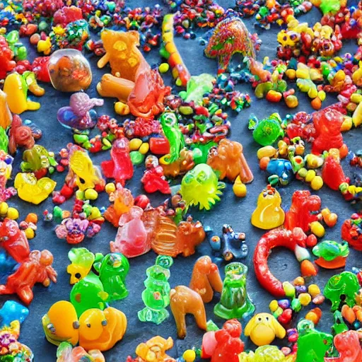 Prompt: Bosch Garden of Earthly Delights, candy, sculpted out of candy, gummy candies, gummy bears, gummy worms, colorful award-winning photo of candy, happy smiley