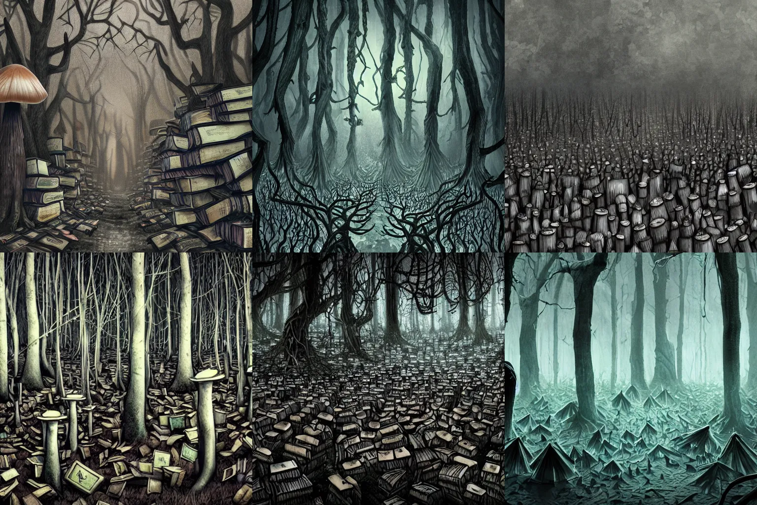 Prompt: a creepy forest of books. melting and moldering books. dark toxic forest of origami mushrooms. decay and death. style of lovecraft. horror concept art. 4 k. high detail.
