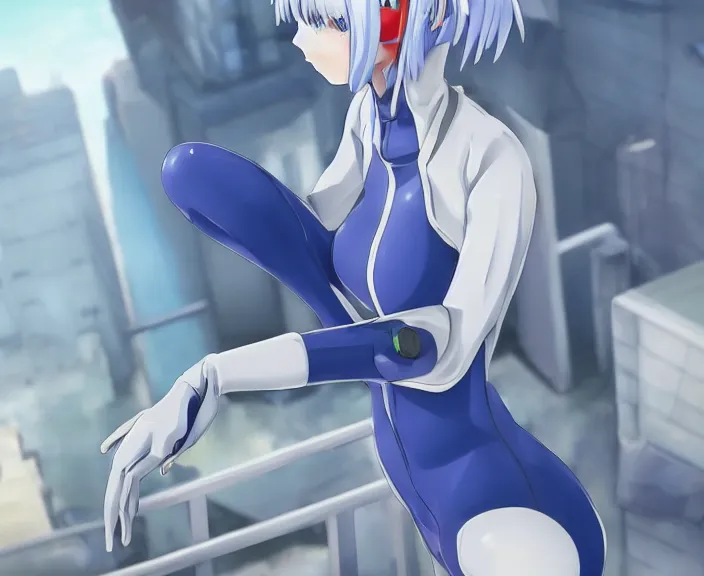 Image similar to anime art, fullbody shot of female rei ayanami, evangelion, long blue hair and large eyes, finely detailed perfect face, in a pale skintight plugsuit, sitting on rooftop, flooded city, trending on pixiv fanbox, by ilya kuvshinov, sola digital arts,, raytracing