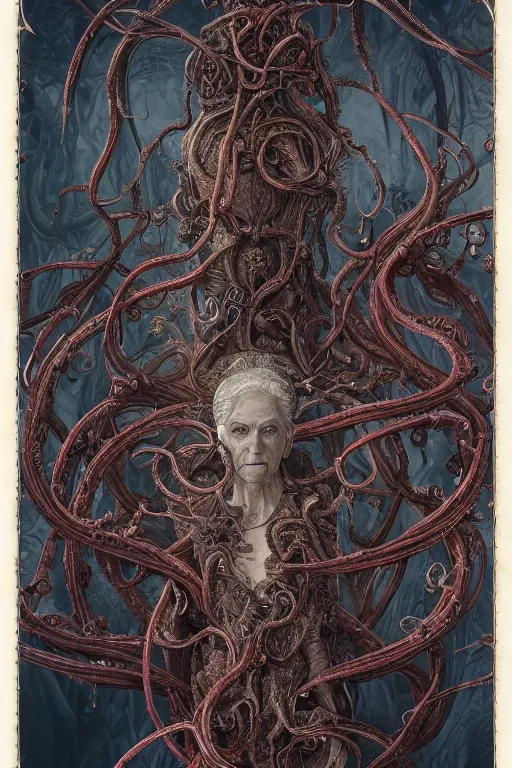 Image similar to centered beautiful detailed side view profile portrait of a insane, crazed, mad elderly woman, ornate tentacles growing around, ornamentation, thorns, vines, tentacles, elegant, beautifully soft lit, full frame, by wayne barlowe, peter mohrbacher, kelly mckernan, h r giger