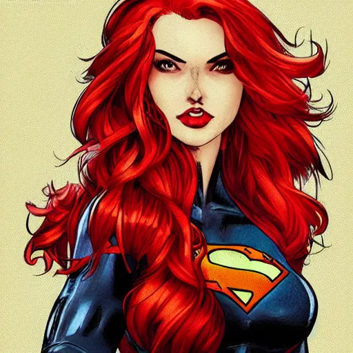 Prompt: a beautiful comic book illustration of a woman with red hair, dc comics, marvel comics, featured on artstation