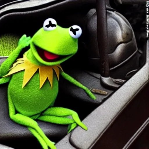 Image similar to kermit the frog in a scene from mad max