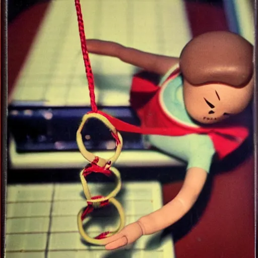 Image similar to 1 9 5 0 s children toys on strings leaping towards you, scary, fear, horror, thriller, jump scare, pov, polaroid,