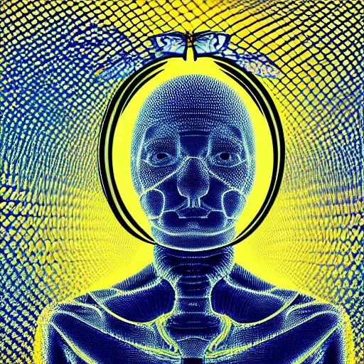 Image similar to human man that resembles a wasp morh in surreal sketch style, blue and yellow gradient, noise, ultrafine detail, hd 8k, logo illustration