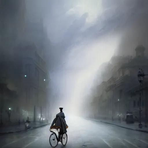 Image similar to cinematic shot epic portrait david bowie riding a bicycle in the streets, atmospheric, cloudy, broad light, ambient occlusion, volumetric light effect, made by ivan aivazovsky, peter mohrbacher, greg rutkowski, ross tran, matte painting, trending on artstation, 4 k, perfectly defined features, digital painting, cinematic, epic, highly detailed,