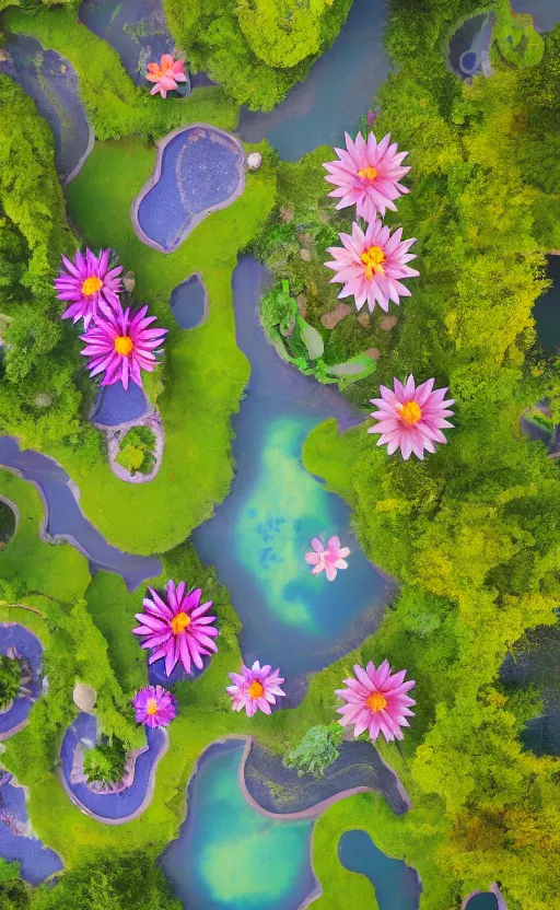 Image similar to matte painting of a serene landscape of a garden filled with vivid colorful flowers and lush fruit trees, water lily and narcissus above pond melted into starry summer by nicolas party trending on artstation, 8 k resolution, aerial photography