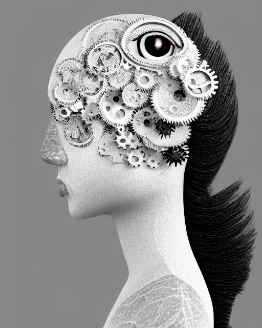 Prompt: black and white dreamy foggy smoky detailed profile face portrait, one silver steampunk eye biomechanical beautiful young female cyclope - cyborg - robot bust, body ribs meshes,, volumetric light, hibiscus flowers, rim light, by dora maar and cecile beaton, big gothic fashion pearl embroidered collar, 8 k