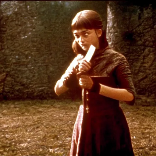 Image similar to still from campy old 70's movie Game of Thrones (1972) actress playing Arya Stark