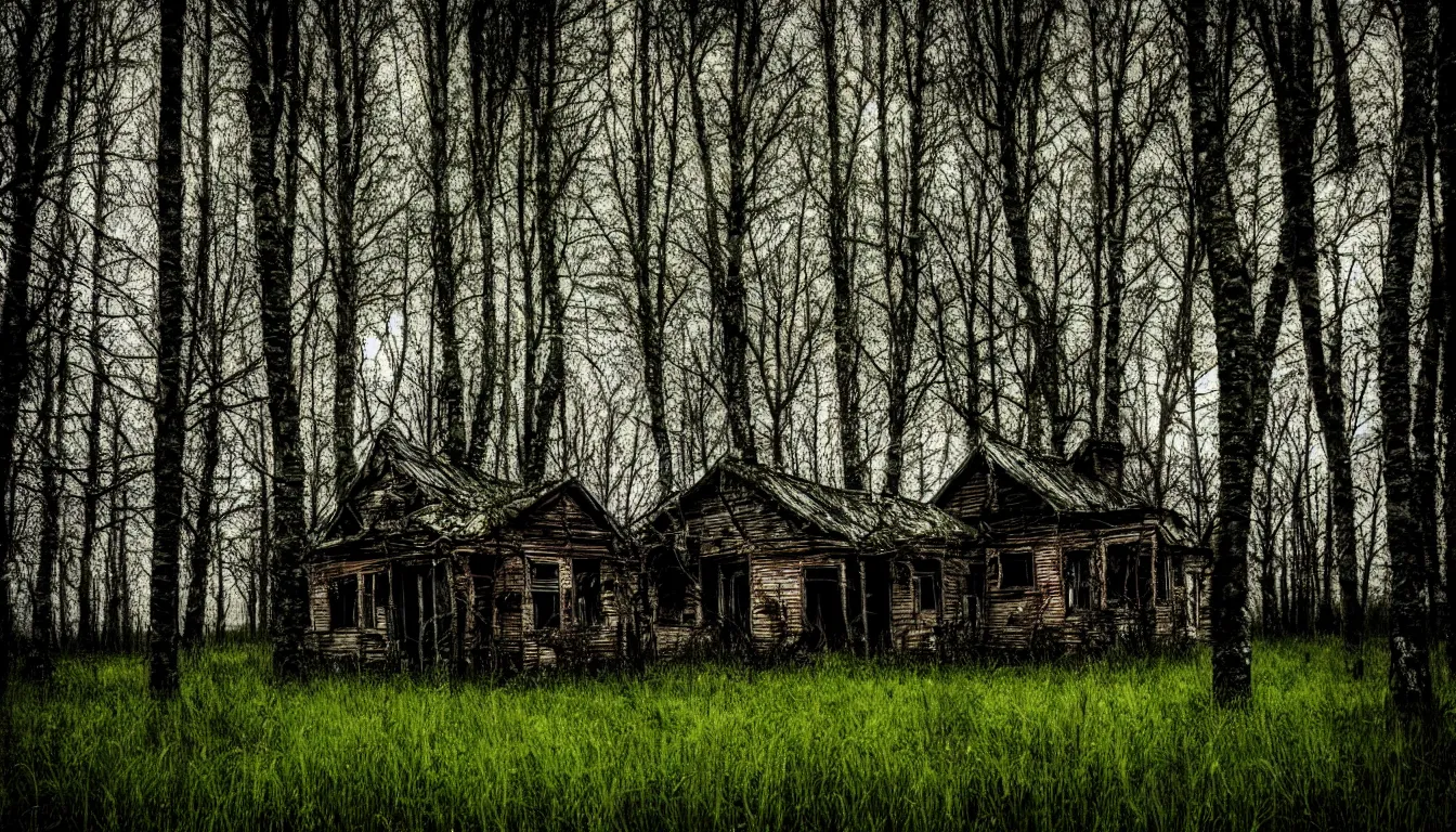 Prompt: trees and grass growing in old abandoned house near haunted birch forest dark, atmospheric, scary, claustrophobic, ambient vibe, very detailed