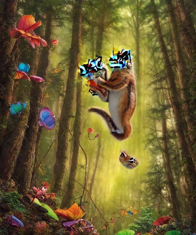 Image similar to a single realistic chipmunk, flying in a psychedelic forest, wide angle landscape shot, pixar style by tristan eaton, artgerm and tom bagshaw