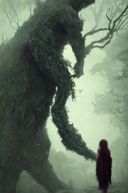 Image similar to a beautiful terrifying humanoid tree beast looms over a tiny human. at dawn, ethereal fantasy art by greg rutkowski